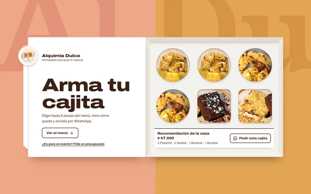 Página de inicio de Alquimia Dulce: el cliente arma su cajita de galletas y la pide por WhatsApp.