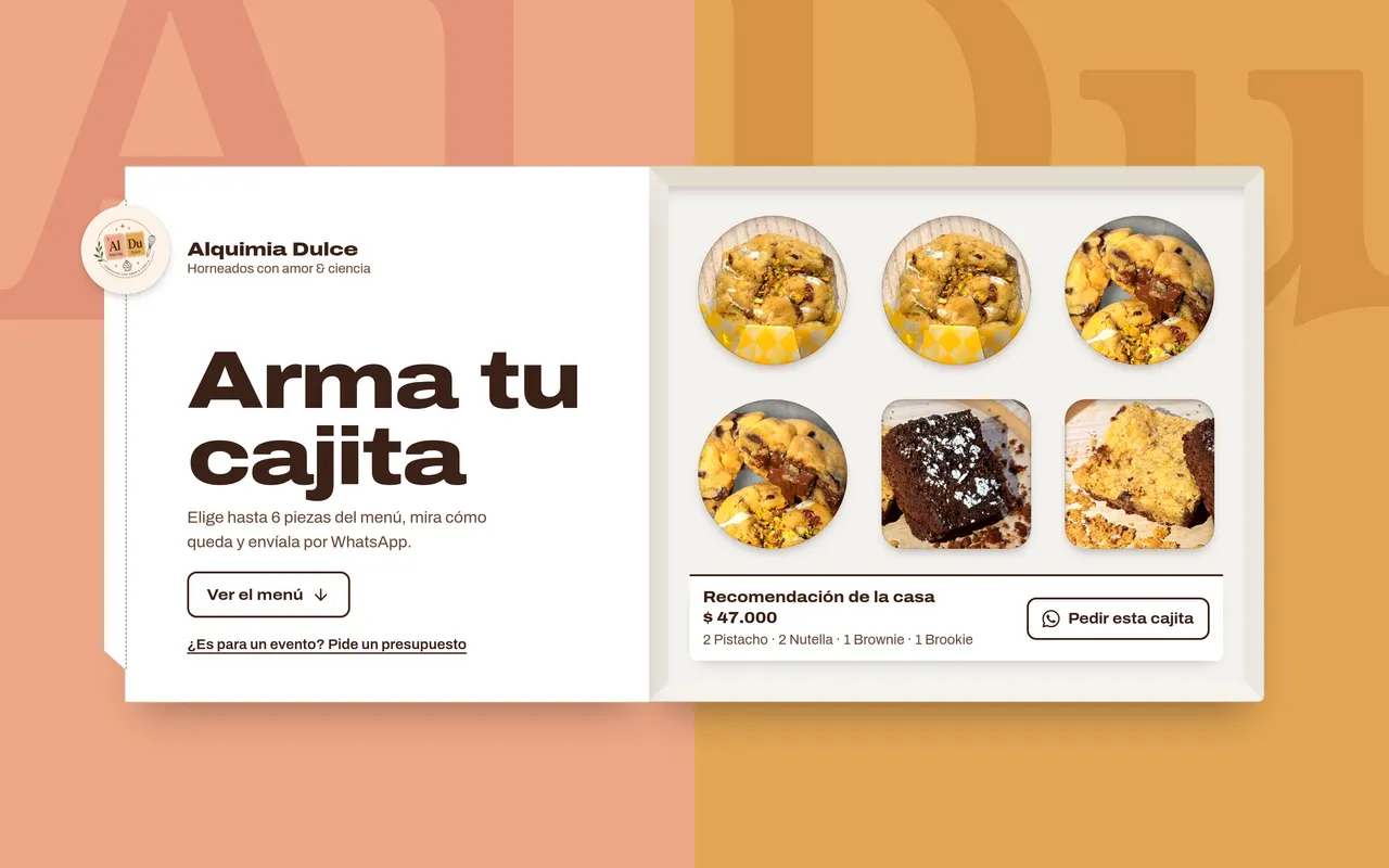 Página de inicio de Alquimia Dulce: el cliente arma su cajita de galletas y la pide por WhatsApp.